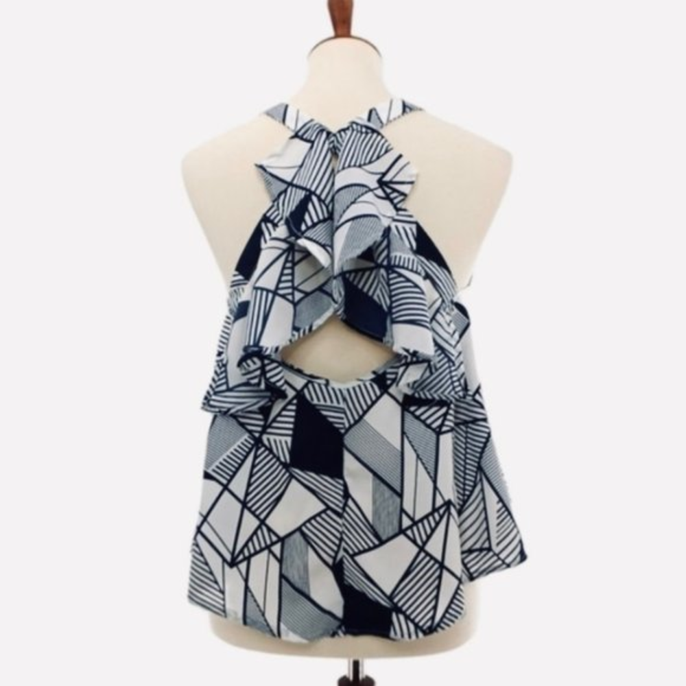 YA Los Angeles Blue White Tank Top Ruffled Sheer Blouse Open Back Sleeveless